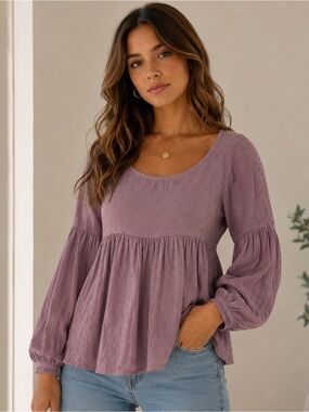 Mustard Seed Mauve Puff Sleeve Peasant Blouse